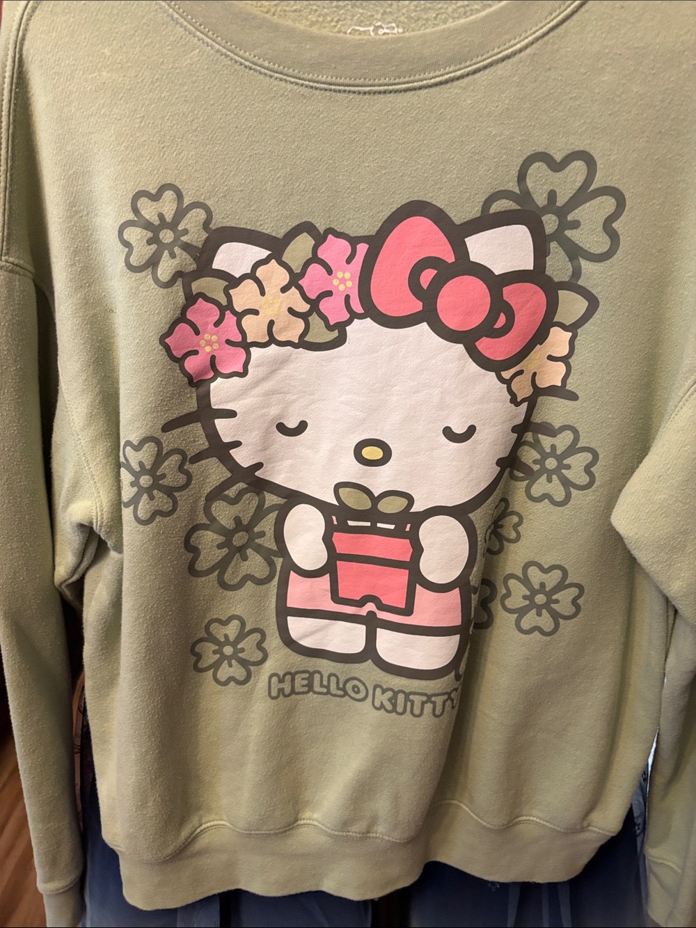 Hello Kitty Olive Green Crewneck with Pink Bow Graphic